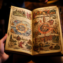 Ancient book with animated illustrations. 