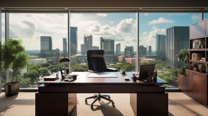 Fototapeta premium A ceo's desk with a panoramic view of the corporate campus