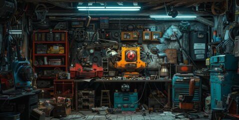 Post apocalyptic garage, a lone mechanic works on constructing a retro robot from pieces of scrap metal and old machinery - obrazy, fototapety, plakaty