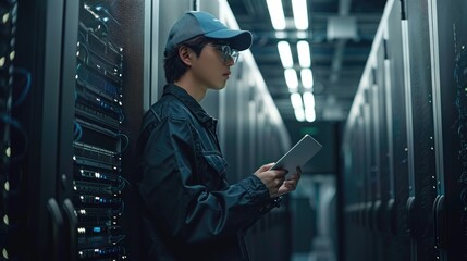 data center engineer young man holding digital tablet standing by supercomputer server cabinets