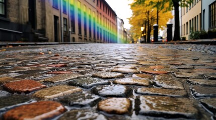 A closeup of rain soaked cobblestone streets with a rainbow
