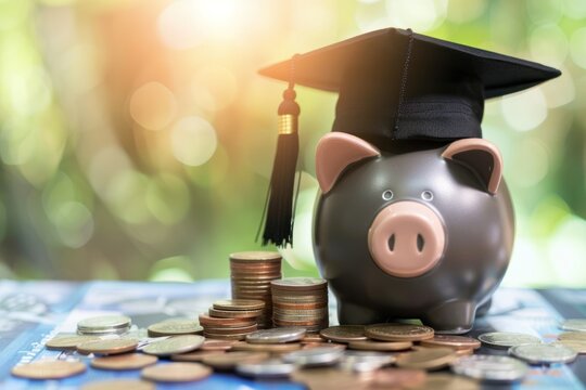 piggy bank with a Graduation Cap on it. There are lots of coins in the piggy bank concept for the cost of a college education