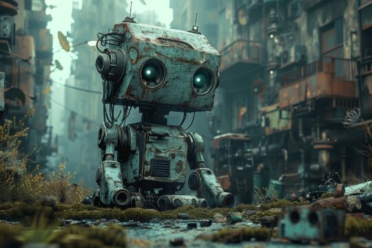 A retro robot mechanic assembling robots from junk in a post apocalyptic setting