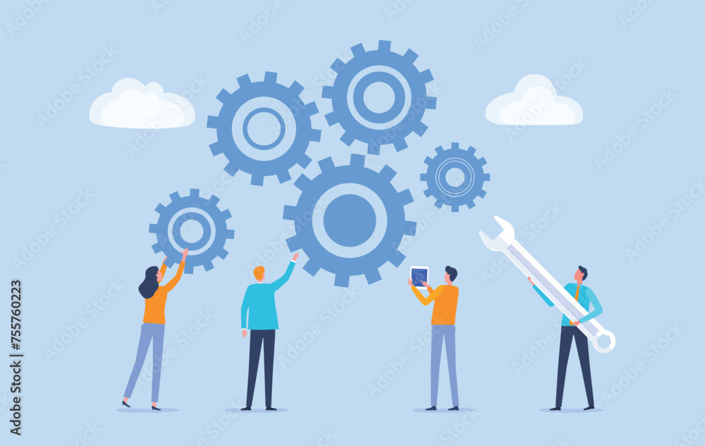 Poster Flat vector illustration design Business process concept and business team working meeting for project brainstorming with developer creative planning management concept