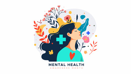 Mental Health Awareness Month. vector illustration with a mental health concept featuring an illustration of a woman undergoing therapy with floral decoration. Care about mental health. Increase aware