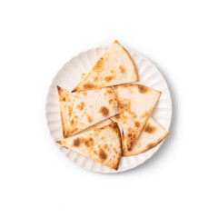 Pita bread sliced into triangles isolated on white background, top view