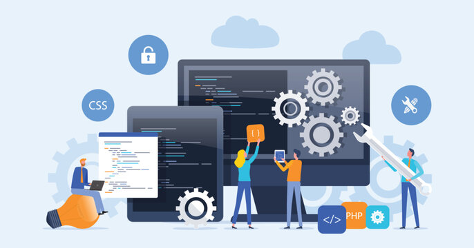 web design and mobile application design process concept with designer and developer team working .flat vector illustration concept	