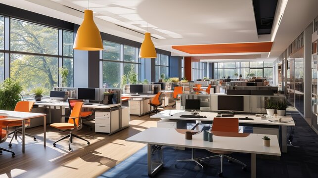 A contemporary office space with collaborative work areas