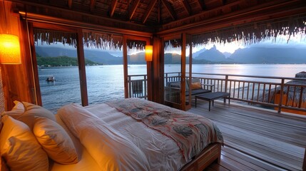 Romantic honeymoon getaway in overwater bungalow villas of Tahiti resort - obrazy, fototapety, plakaty