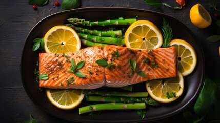 A plate of baked salmon with asparagus and lemon