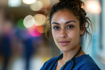 Obraz premium A portrait of a female health care medical worker, blurred background, motion blur, long exposure, bokeh. Created with Generative AI technology.