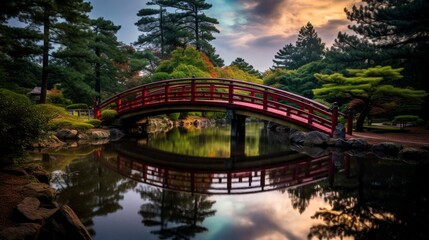 A rainbow emerging from behind a traditional japanese bridge