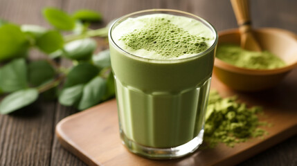 green smoothie. a glass of match.