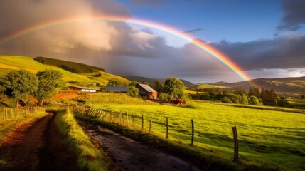 A rainbow over a peaceful countryside farm