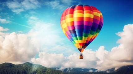 Fototapeta na wymiar A rainbow-colored hot air balloon in flight