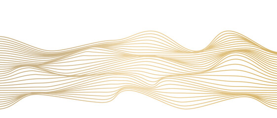 Abstract line art wavy digital line pattern (texture) in gold color isolated on transparent background. Luxury concept wave, wind, ocean, mountain landscape. Vector illustration 