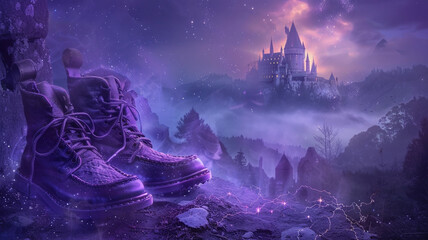 Imagine a mystical realm shrouded in twilight mist, where wizards journey in Ultra Violet Sneakers, harnessing the arcane energies of the universe. - 755761429