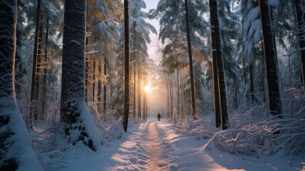 Naklejka premium A snow covered forest path at dawn