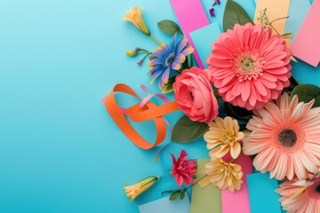 collage of a bouquet of flowers and children's crafts cut out from colored cardboard. spring mood. Postcard. mother's day, March 8, congratulate a woman, spring background, spring,  - obrazy, fototapety, plakaty