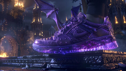 Imagine a mythical kingdom ruled by dragons, where knights don Ultra Violet Sneakers as they embark on epic quests to save the realm from darkness. - obrazy, fototapety, plakaty