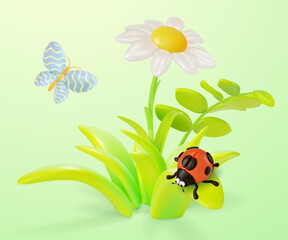 3d Chamomile Flower in Bloom with Flying around Ladybug Insect and Butterfly Cartoon Style. Vector illustration