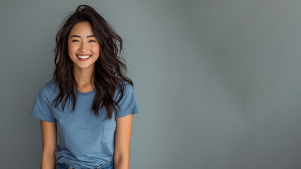 Obraz premium Asian woman wear blue t-shirt smile laugh out loud isolated