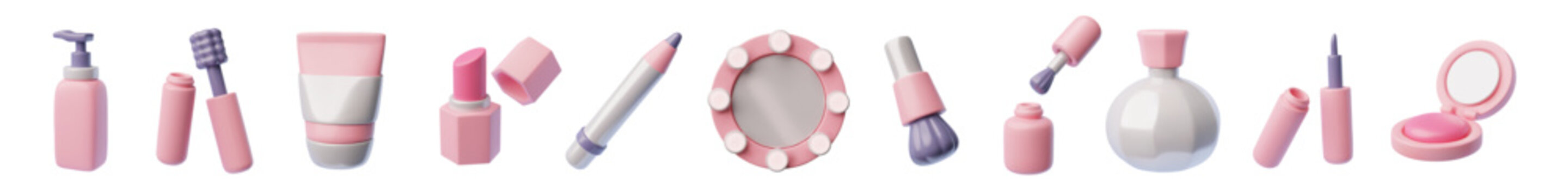 Set of pink makeup items 3D style, vector illustration