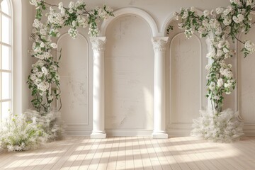 Fototapeta na wymiar Wedding Photography Backdrop with Arches and White Flowers and Sunbeams