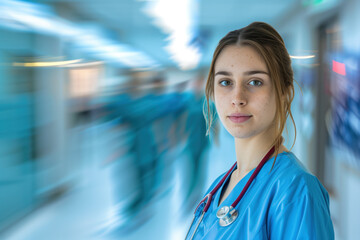 Fototapeta premium A portrait of a female health care medical worker, blurred background, motion blur, long exposure, bokeh. Created with Generative AI technology.