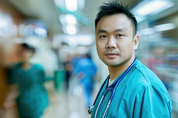 Fototapeta premium A portrait of a male health care medical worker, blurred background, motion blur, long exposure, bokeh. Created with Generative AI technology.