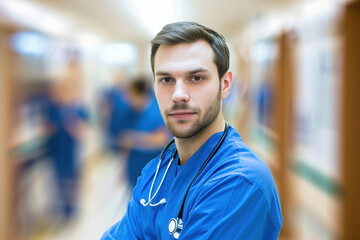 A portrait of a male health care medical worker, blurred background, motion blur, long exposure, bokeh. Created with Generative AI technology.