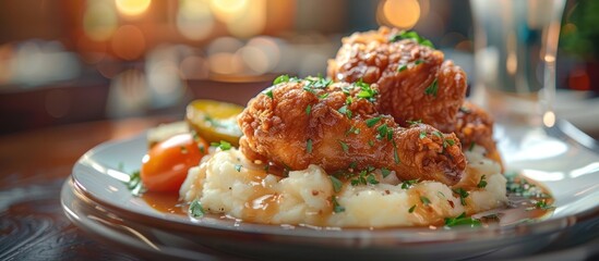 Crispy Fried Chicken Dinner in Impressionist Style at a USA Bistro
