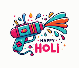 Happy holi festival greeting card with water gun. Hand drawn vector illustration.
