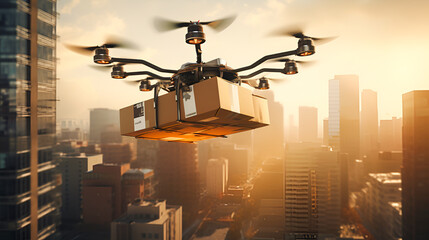 A drone delivers a package in the city against the backdrop of a sunset skyscraper, demonstrating the latest trends in urban logistics.