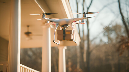 Delivery by drone. An unmanned drone carrying a cardboard box against a residential building in the fall illustrates the convenience of drone delivery.