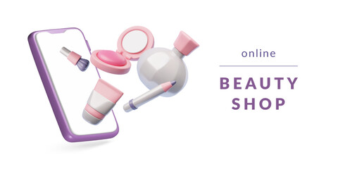 Illustration of an online cosmetics store in cartoon 3D style. Buying cosmetics online.