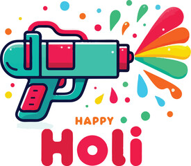 Happy holi festival greeting card with water pistol. Vector illustration.