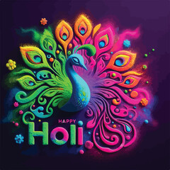Happy Holi festival of India greeting card with peacock vector illustration