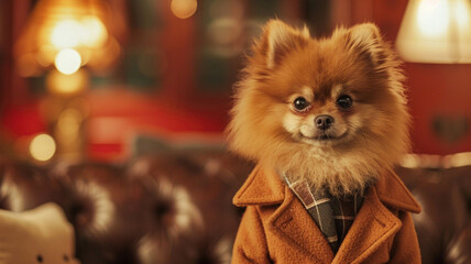 Imagine a stylish Pomeranian pup in a chic copper brown attire, exuding warmth and elegance in a bright background advertisement. - obrazy, fototapety, plakaty