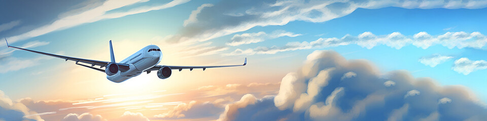 illustration Passenger plane flies in blue sky with white clouds with copy space. The concept of airline companies, travel and passenger transportation. Long minimalistic banner. Generative AI. - obrazy, fototapety, plakaty