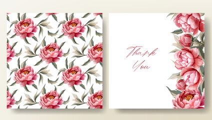 Set of greeting card and seamless pattern with watercolor peonies, wedding invitation. Peony frame