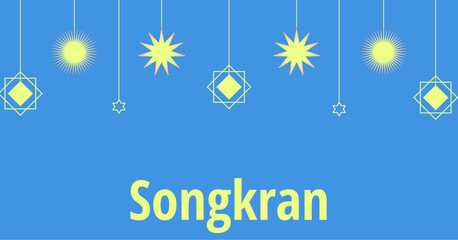 Vector design template for Songkran Festival on blue background. Thai New Year's day. Horizontal banner, poster, postcard, greeting card, headers for website. Yellow stars, wafe, sun.