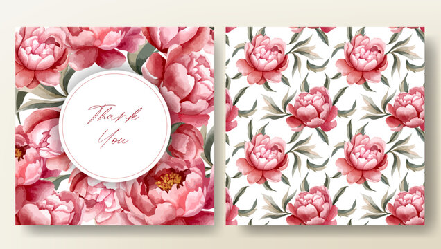 Set of greeting card and seamless pattern with watercolor peonies, wedding invitation. Peony frame