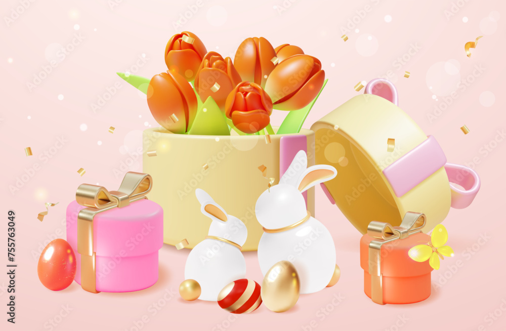 Sticker 3d Happy Easter Concept Background Cartoon Style Spring Holiday. Vector illustration of Tulips in Gift Box and Rabbit Figurine