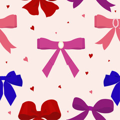 Seamless pattern with colorful ribbons, bows, hearts on white backgrounds. Vector illustration 