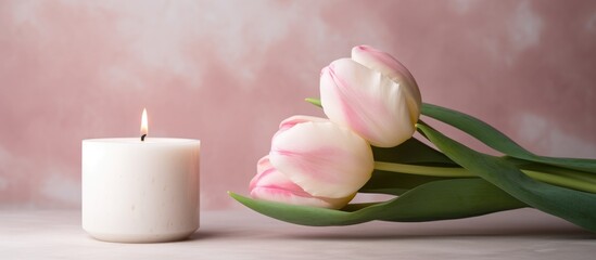 Obraz na płótnie Canvas Handmade candle and white tulips on pink silk background with candle in a concrete candle holder.