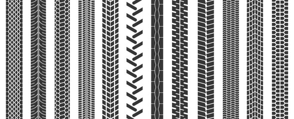 Offroad Tire Prints Set. Rugged Traces Of Wheel Treads. Vector Black, Dirty Strokes Of Automobile Race, Rally, Motocross © Pavlo Syvak