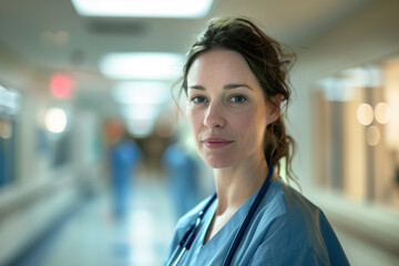 Fototapeta premium A portrait of a female health care medical worker, blurred background, motion blur, long exposure, bokeh. Created with Generative AI technology.