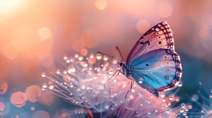 Portrait morpho butterfly and dandelion flower with dew drops on sunrise background. generative AI