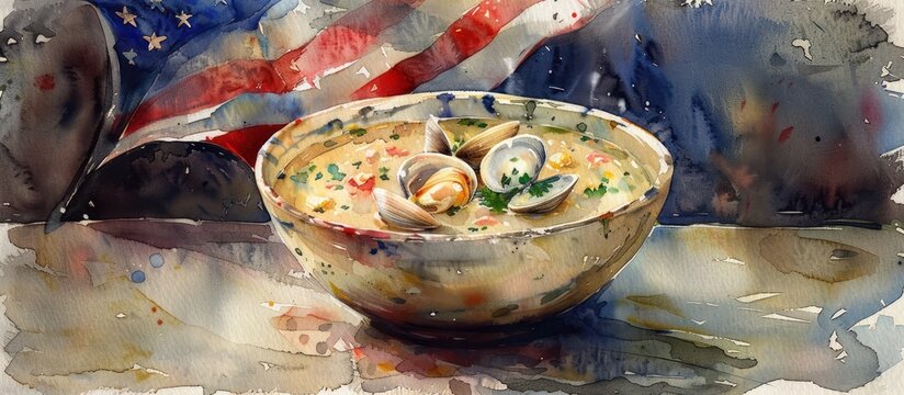 Authentic New England Atmosphere Steaming Bowl of Clam Chowder in a Gentle Watercolor Illustration
